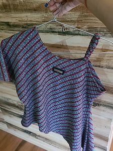Grey and Red Stripe Asymmetrical Top