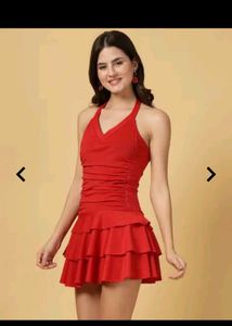 Red Ruffled Halter Swim Dress - XL Size