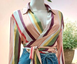 Thrifted Striped Wrap Top