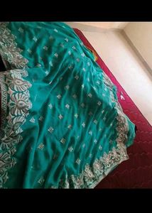 Elegant Teal green embroidery Saree with stitchied