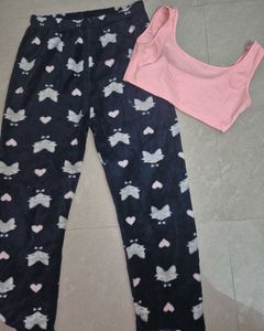 Cute Pajama Set Kitty-Furr Pants & Pink Bralette