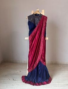 Designer Embellished Maroon Blue Saree