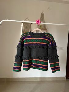 ARYGLE  PRINT TASSLE GREY SWEATER