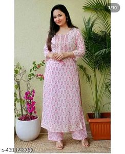 Pink Floral Print Kurti And Bottom Wear