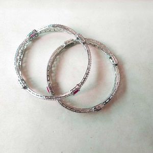 Pure Sterling Silver Pink&amp;Green CZ Bangles 1 Pair.