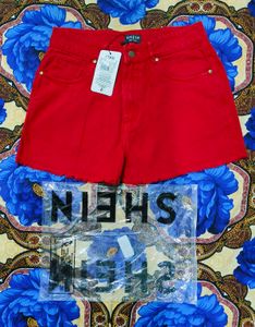 Shein Frayed Hem Mini Red Denim Shorts With Pocket