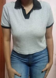 Grey Half Sleeve Crop Top With Collar