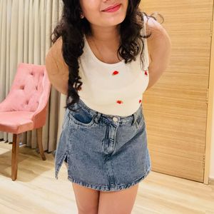 Cute White Top &amp; Denim Skirt Set