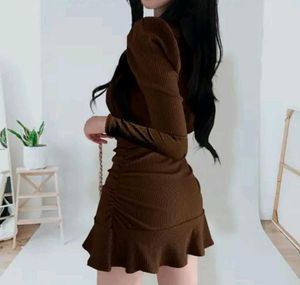 Brown Ruffle Hem Knit Dress