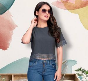 Cute Navy Blue Lace Trim Tee