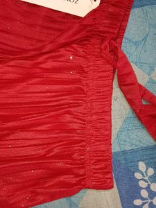 Red Pleated Wed Leg Sparkle Pants, Palazo