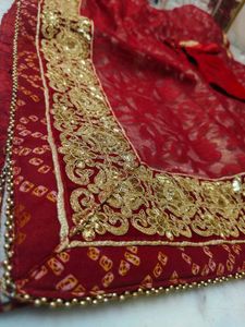 bandhani design Red Embellished Saree