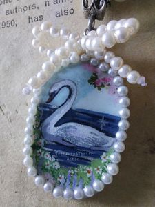 Enchanted Swan Lake Clay Pendant Beadwork Necklace