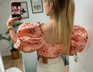 Zara Embroidered Voluminous Puff Sleeve Crop Top B