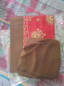 Red &amp; Gold Embroidered Fabric - Unstitched