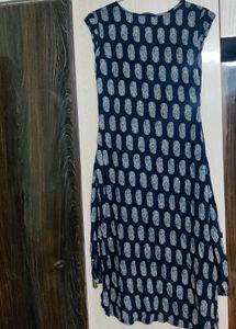 Navy Blue Printed High-Low Kurti with Pink Button
