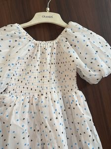 White Heart Print Puff Sleeve Dress