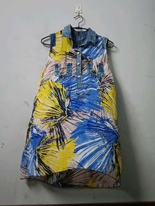 Abstract Print Denim Accent Dress