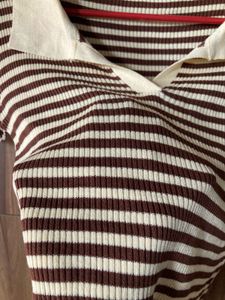 ribbed knit, cropped, striped polo-style top