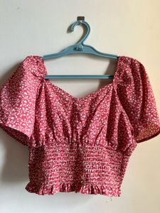 Pink  Floral Puff Sleeve smocked Crop Top