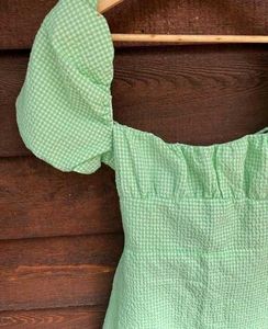 ZARA - Green Gingham Check Puff Sleeves Dress