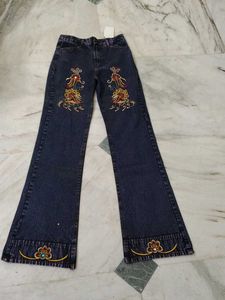 Embroidered Flare Leg Denim Jeans