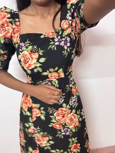 Black Floral Midi Dress Aesthetic New