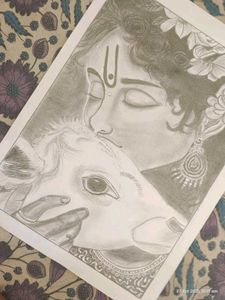 Krishna &amp; Cow Sketch - Hand-Drawn Art