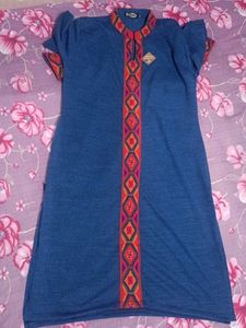 Boho Chic Blue Dress with Geometric Trim