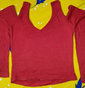 Red Cold Shoulder Long Sleeve Top