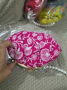 Pink Embroidery Potli Clutch With Pearl Handle