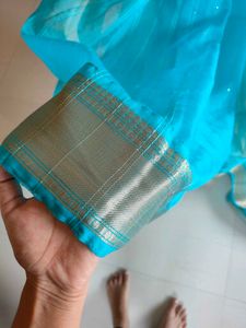Aqua Blue with zari border saree