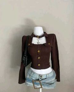 Brown Long Sleeve Crop Top