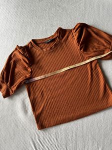Rust Ribbed Puff Sleeve Top -S
