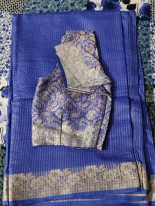 Blue Checked Silk Saree with Floral Border.