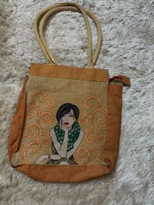 Hand Painted Girl- Embroidered Jute Tote