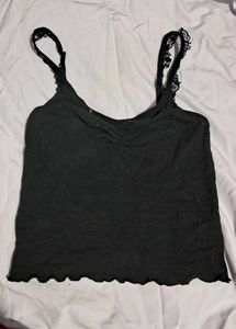Black Ribbed Cami with Lace Trim