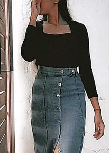 Denim Slit Midi Skirt With Silver Buttons