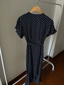 V-neck Blue Dot Wrap Cotton MIDI Dress