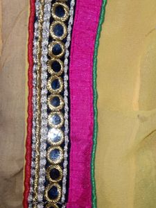 BEAUTIFUL YELLOW SAREE WITH PINKMIRROR LACE BORDER