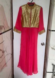 Sequinned Pink &amp; Gold Anarkali Kurta