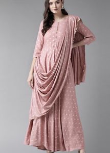 Ahalyaa Rose &amp; Golden Ethnic Motifs Printed Dress
