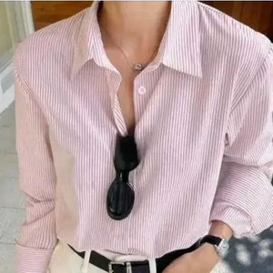 Fancy Striped Long Sleeeve Collar Pink Women Shirt