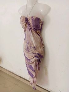 ELEGANT RUCHED TIE-TYE HALTER MIDI BODYCON