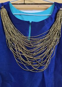 Blue &amp; Gold Patterned Dress with Necklace