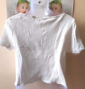 White Ribbed Scallop Neck Top