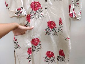 Utsa &#39;M&#39; Size, Floral Khadi Cotton Kurti, With Button Sleeves And Pockets