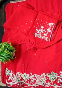 Elegant Red Embroidered Saree ...