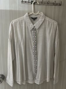 Women White Linen Shirt with Blue And Pink Tread