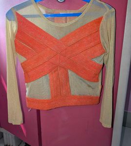 Bebe Orange Criss-Cross Long Sleeve Top